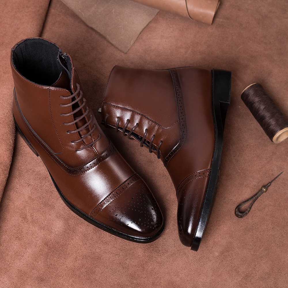 Heren bruine imitatieleren brogue enkellaarsjes – vintage veterontwerp met wingtip-details en duurzame zool voor formele en informele gelegenheden 2025 - $59.99 –P2