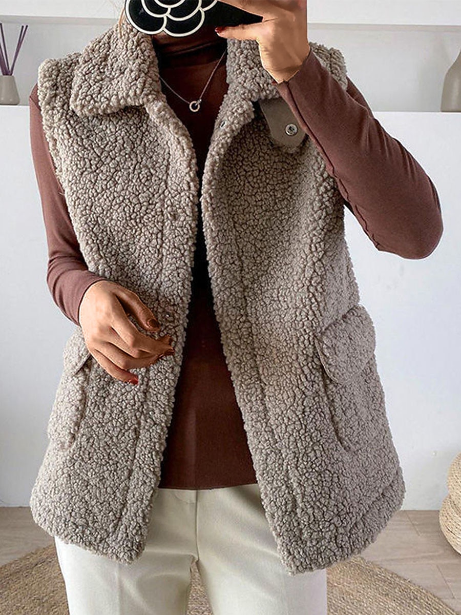 Women's Teddy Vest Winter Sherpa Jacket Winter Crop Coat with Pockets Regular Fit Windproof Warm Stylish Modern Style Plush Jacket Sleeveless Plain  Khaki Beige Coffee 2023 - US $21.99 –P4