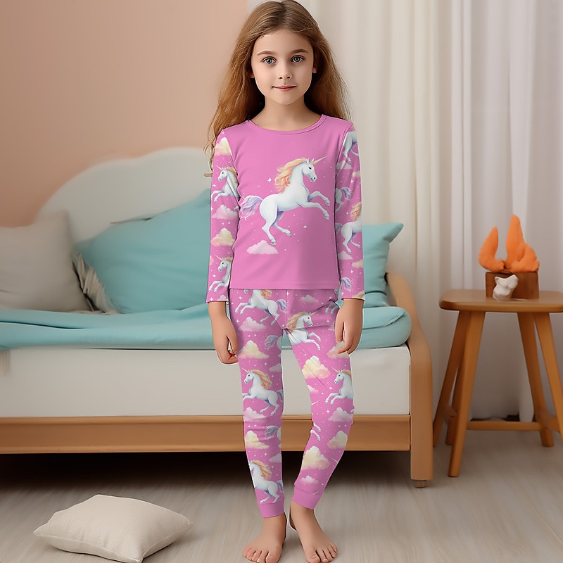 Tyttöjen 3D Yksisarvinen Pyjama-setit Pinkki Pitkähihainen 3D-tulostus Syksy Talvi Aktiivinen Muoti söpö tyyli Lapset 3-12 vuotta Tiukka pyöreä kaula-aukko Koti Kausaliteetti Sisällä Normaali 2025 - $16.99 –P1