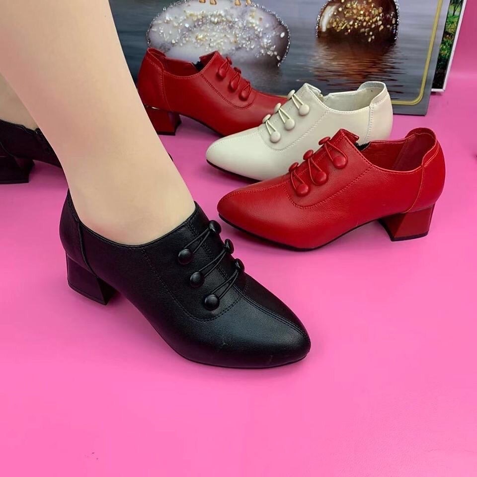 Women's Heels Pumps Valentines Gifts Comfort Shoes Party Office Daily Solid Color Button Chunky Heel Pointed Toe Fashion Minimalism Faux Leather Loafer Black Red Beige 2025 - $34.99 –P1