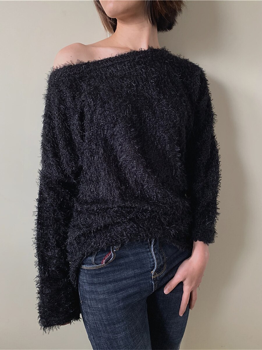 Dame Pullover genser Stilfull Fritid Myk Helfarge Riflet Enskuldret Kald skulder Langermet Kort Strikke Daglig Ut på byen Helg Rosa Navyblå Høst Vinter 2025 - $27.99 –P1