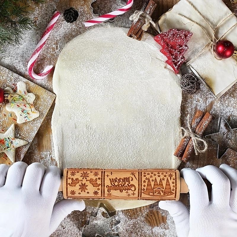 Weihnachts-Nudelholz, Krippenprägemuster, Weihnachts-Holzkrippe mit 3D-Gravur und Jesusmotiv zum Plätzchenbacken 2025 - $11.99 –P4