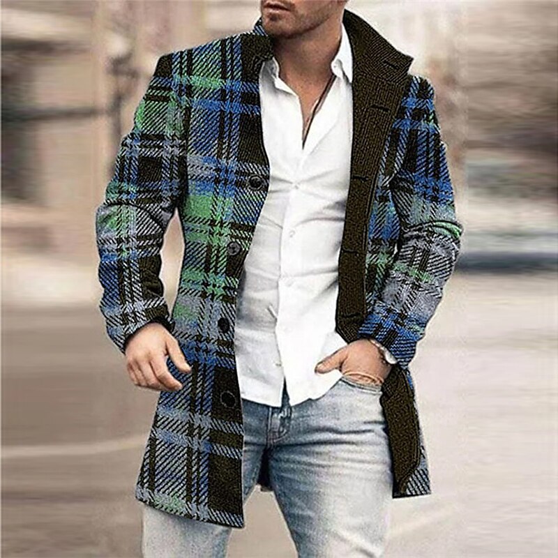 Trench Coat Mens Graphic Jacket Plaid Business Casual Work Wear To Going Out Fall & Winter Stand Collar Long Sleeve Blue Xl Polyester Wool 2024 - $35.99 –P1
