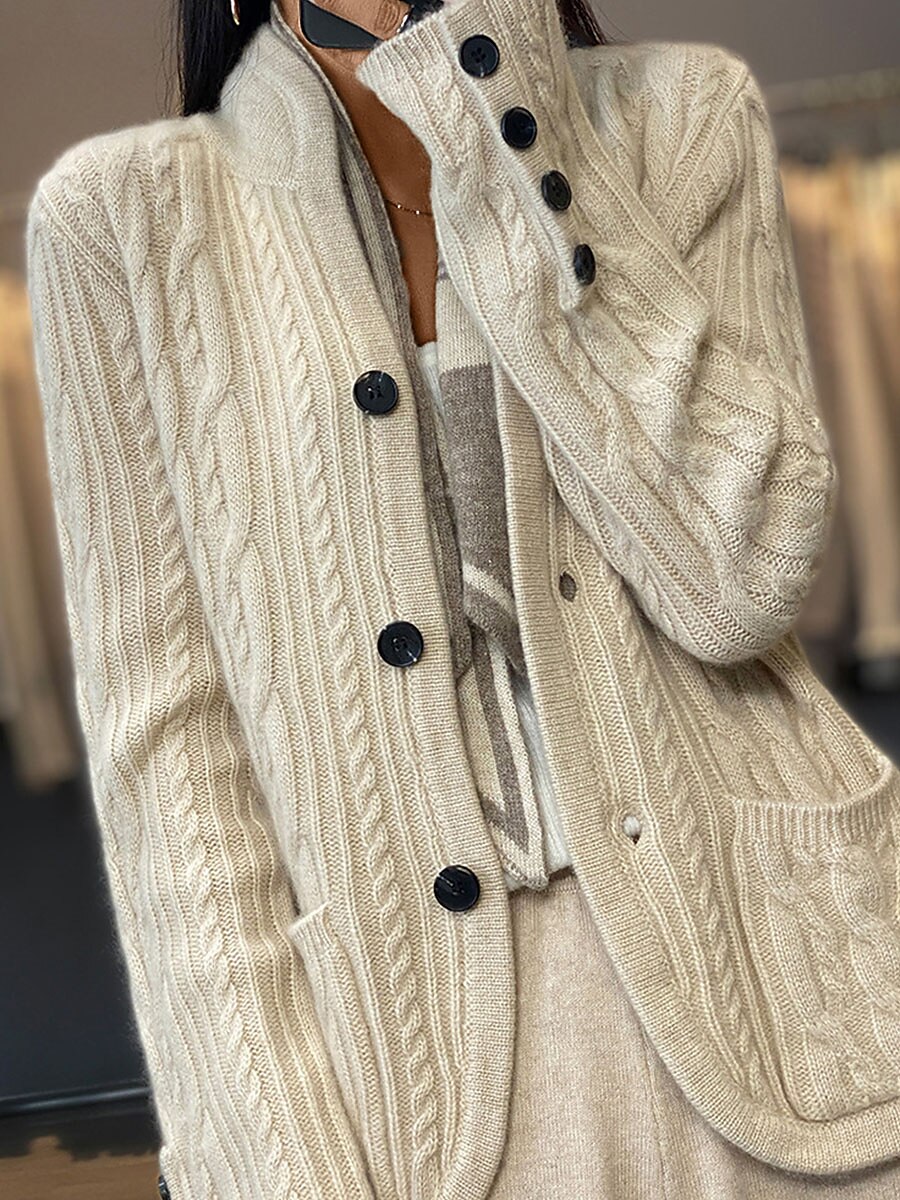 Women's Cardigan Sweater V Neck Cable Knit Polyester Button Pocket Fall Winter Short Daily Going out Weekend Stylish Casual Soft Long Sleeve Solid Color White Camel Brown S M L 2023 - US $28.99 –P4