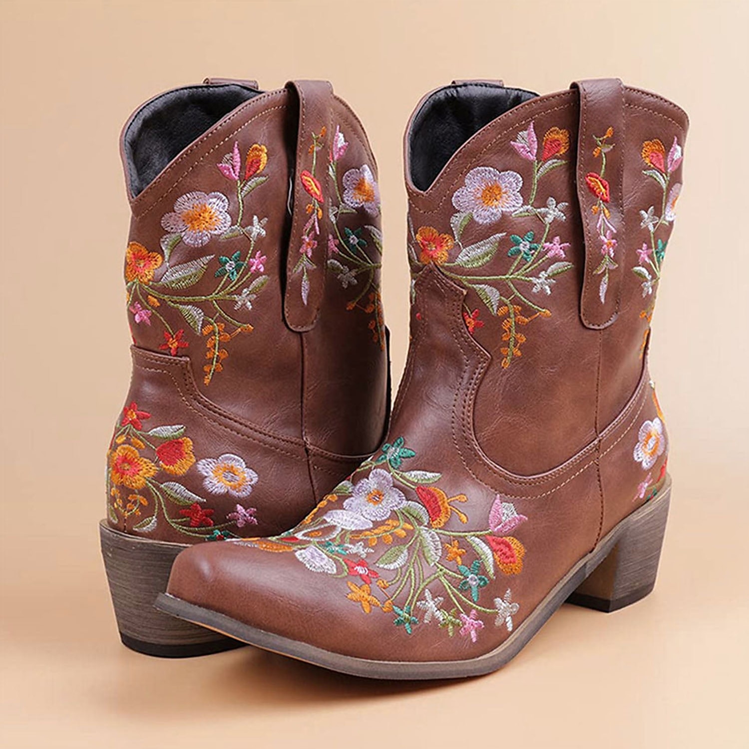 Women's Vintage Western Cowboy Boots – Floral Embroidered Faux Leather Ankle Boots for Casual and Festival Wear 2025 - $64.99 –P6