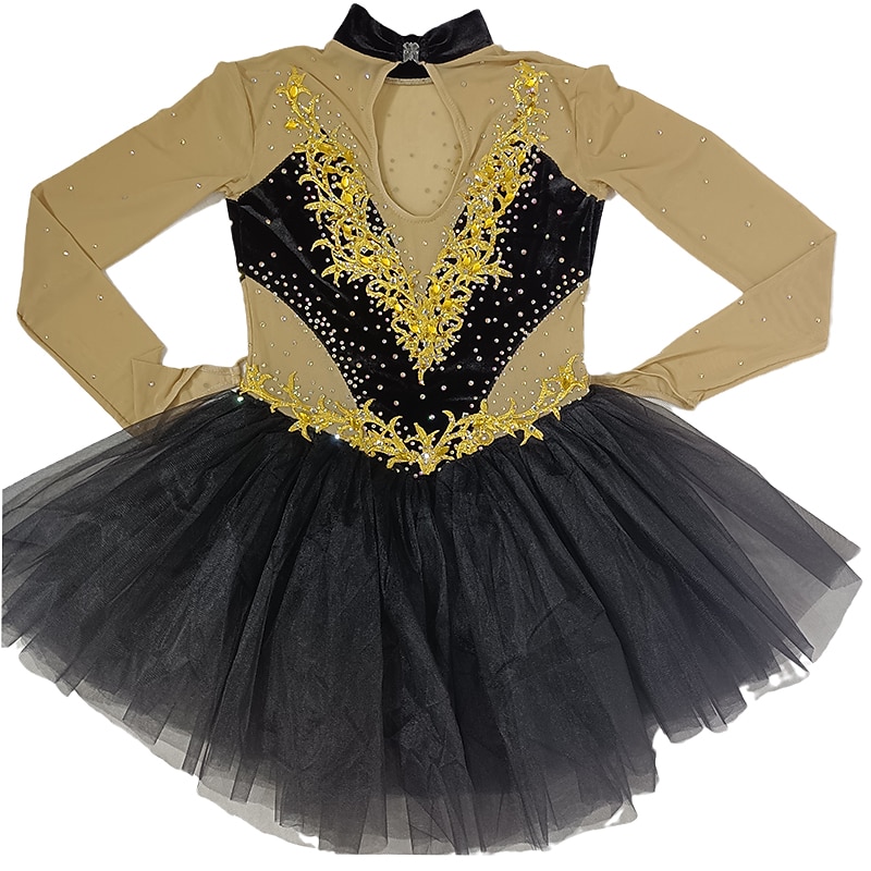2026年 フィギュアスケート ドレス 女性用 女の子 アイススケート ドレス ブラック + 黄金 パッチワーク 指穴付き メッシュ スパンデックス 伸縮性あり 訓練 レッスン用 プロフェッショナル スケートウェア クリスタル・ラインストーン 長袖 フィギュアスケート  コレクション – $224.79 –P9