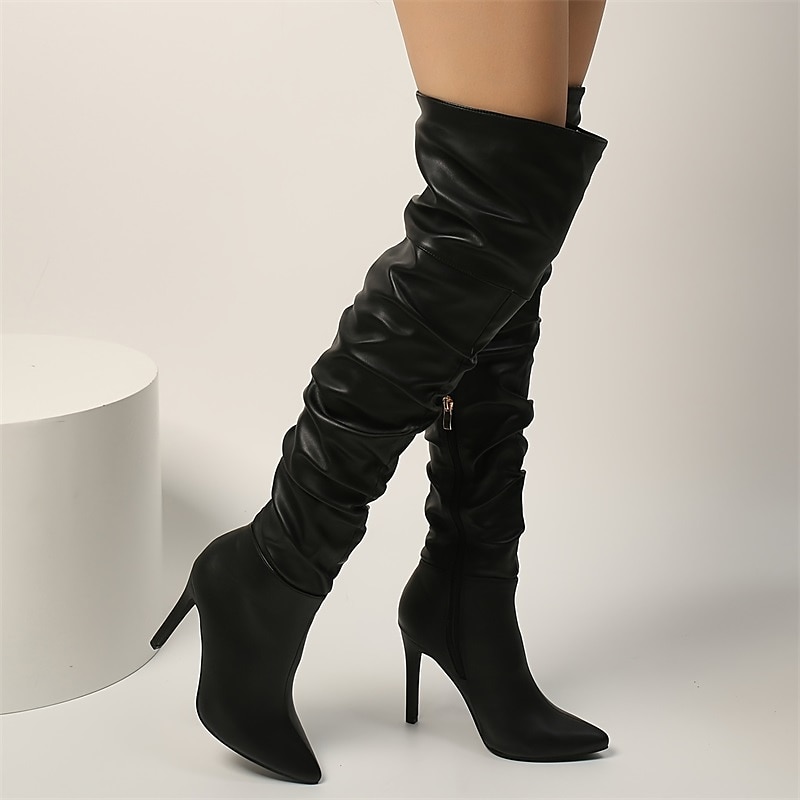 Women's Boots Slouchy Boots Heel Boots Outdoor Work Daily Solid Color Over The Knee Boots Thigh High Boots Winter Stiletto Heel Pointed Toe Elegant Fashion Classic PU Zipper Black White 2023 - AED 279 –P4
