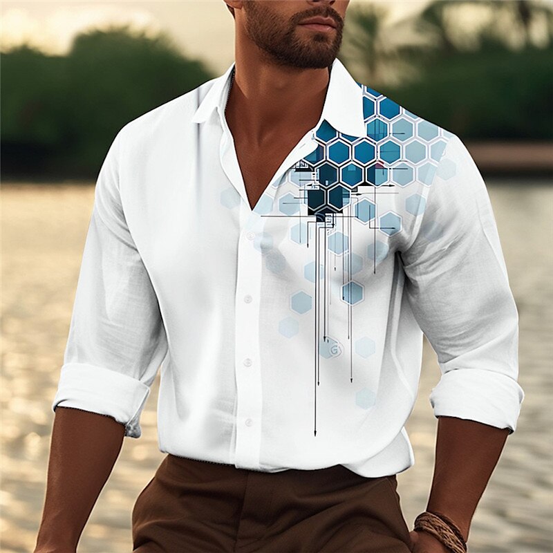 Per uomo Geometria Camicia Camicia occidentale Camicia con bottoni Manica lunga Informale Esterno Strada Casual / quotidiano Autunno inverno Collo ripiegabile Bottoni Stampa Blu Verde del 2025 a $24.99 –P1