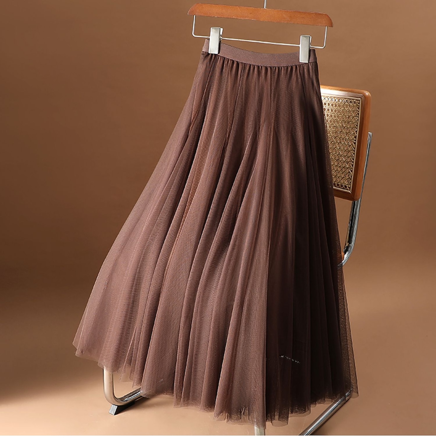 jupe femme jupe midi évasée froncée superposée couleur unie rendez-vous quotidien printemps, automne, hiver, été élégante longue abricot noir blanc rose de 2025 ? $31.99 –P12