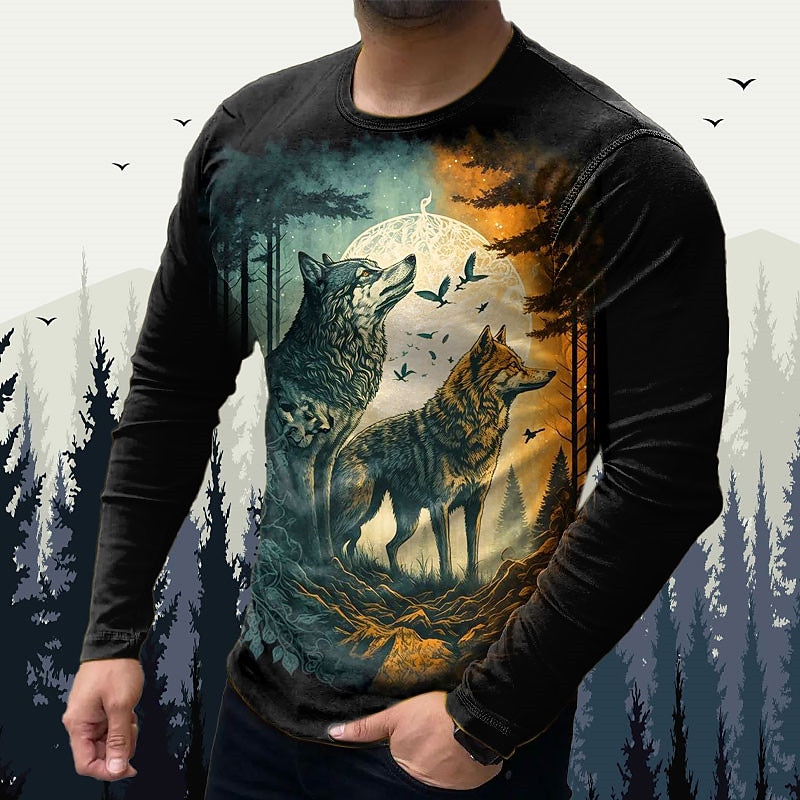 Men's Animal Wolf Graphic Prints T shirt Graphic Tee Long Sleeve T shirt 3D Print Crew Neck Shirt Designer Basic Casual Outdoor Daily Sports Black Yellow Blue Spring &  Fall Clothing Apparel S M L XL 2025 - GBP £16 –P5