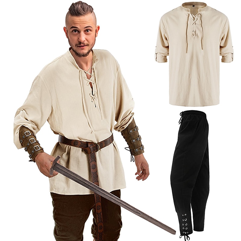 Retro Vintage Medieval Renaissance Blouse / Shirt Cosplay Costume Outfits Ren Faire Pirate Viking Crusader Men's Viking Fantasy Halloween Carnival Masquerade Casual Daily LARP Ren Faire Adults Shirt 2025 - $43.99 –P1