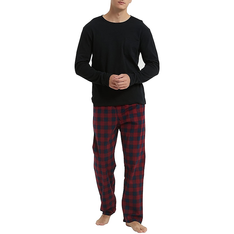 Herr Vardagsklädsel Sovkläder Pyjamas set Pyjamastopp och byxa 2 delar Rutig Stylish Ledigt Komfort Hem Dagligen Bomullsblandning Komfort Rund hals Långärmad T-shirt Byxa Snörning Elastisk midja 2025 - $33.99 –P6
