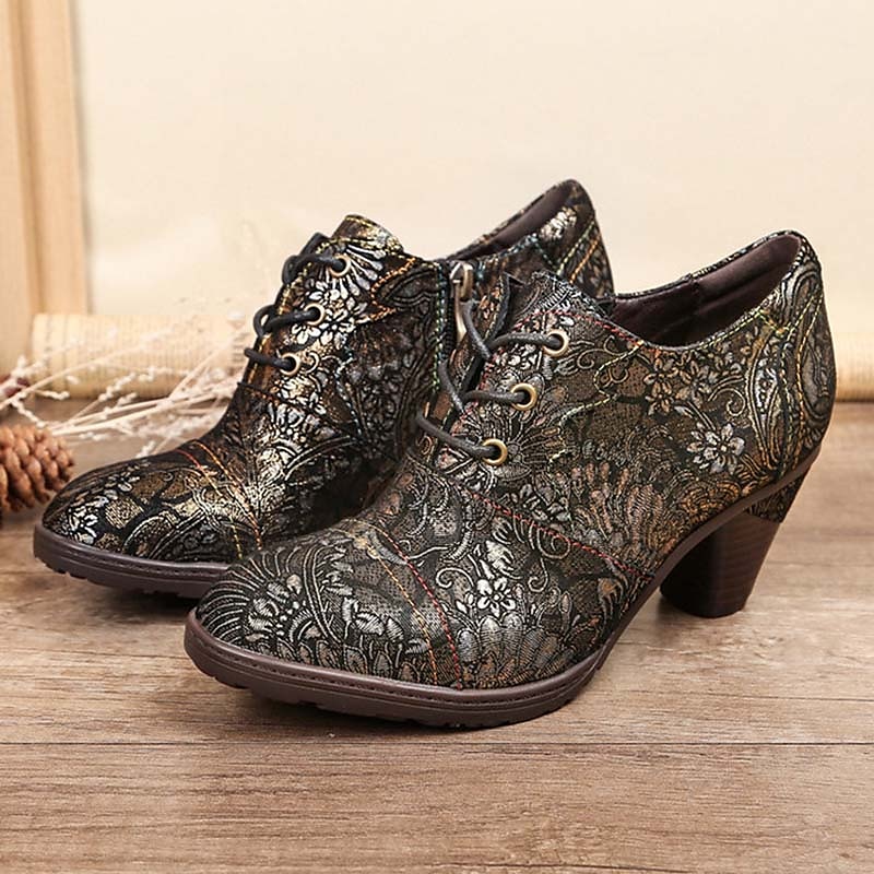 Edward-korabeli ihletésű vintage jacquard fűzős bőr bokacsizma vastag sarokkal, retró virágmintás rövid csizma nőknek 2025 - $109.99 –P4