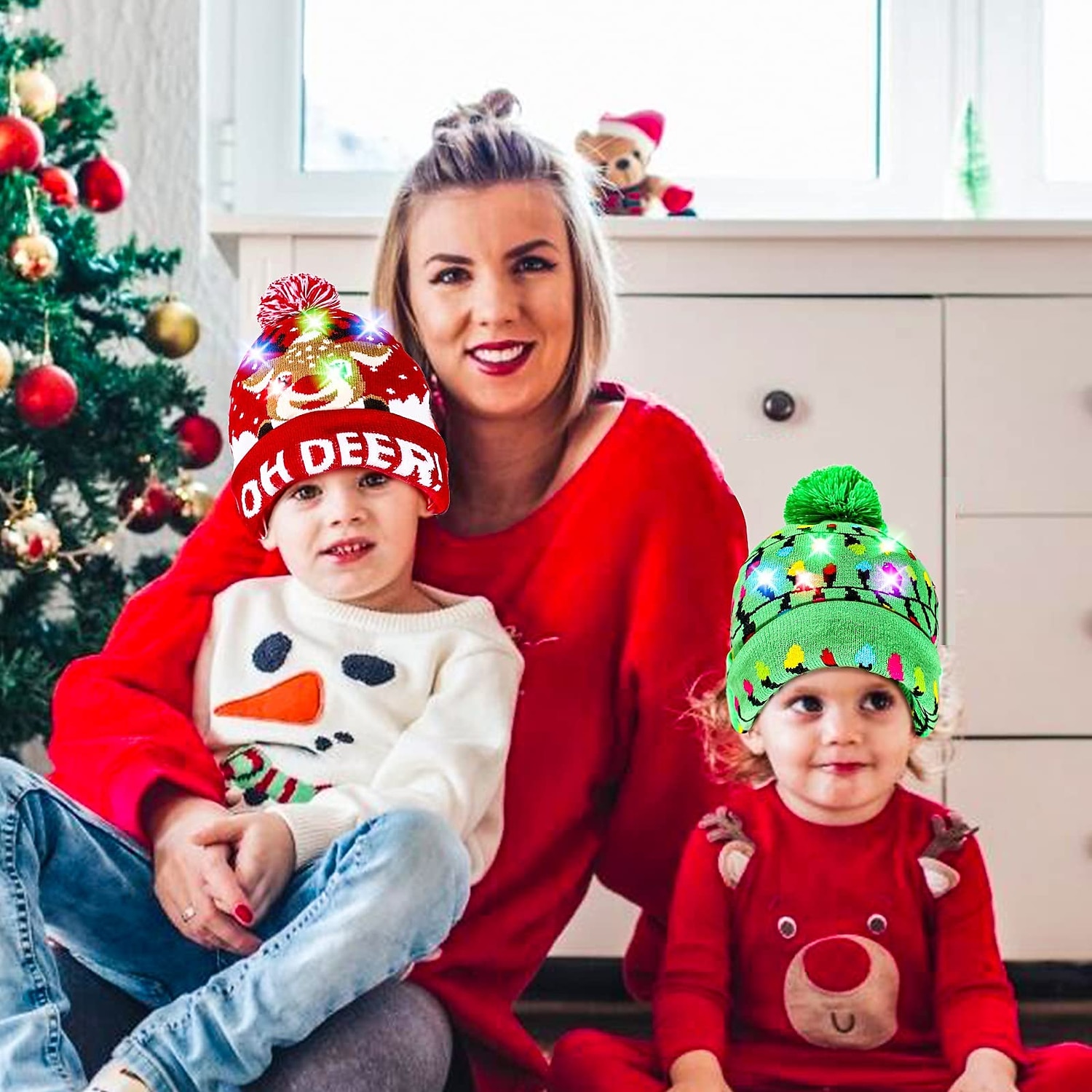2er-Pack LED-Weihnachtsmütze, leuchtende Weihnachtsmütze, Unisex-Strickmütze, Weihnachtsmütze mit Rentier-Weihnachtsbaum-Aufdruck für Partys 2025 - $17.99 –P6