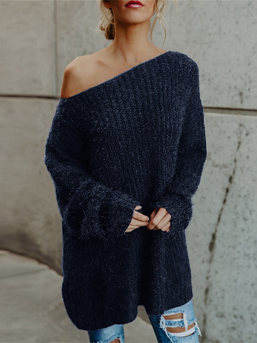 Dame Pullover genser Stilfull Fritid Myk Helfarge Riflet Enskuldret Kald skulder Langermet Kort Strikke Daglig Ut på byen Helg Rosa Navyblå Høst Vinter 2025 - $27.99 –P4