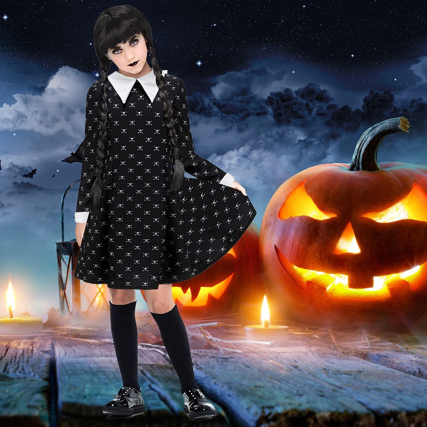 Wednesday Addams Halloween Costume Wig Dress All Black