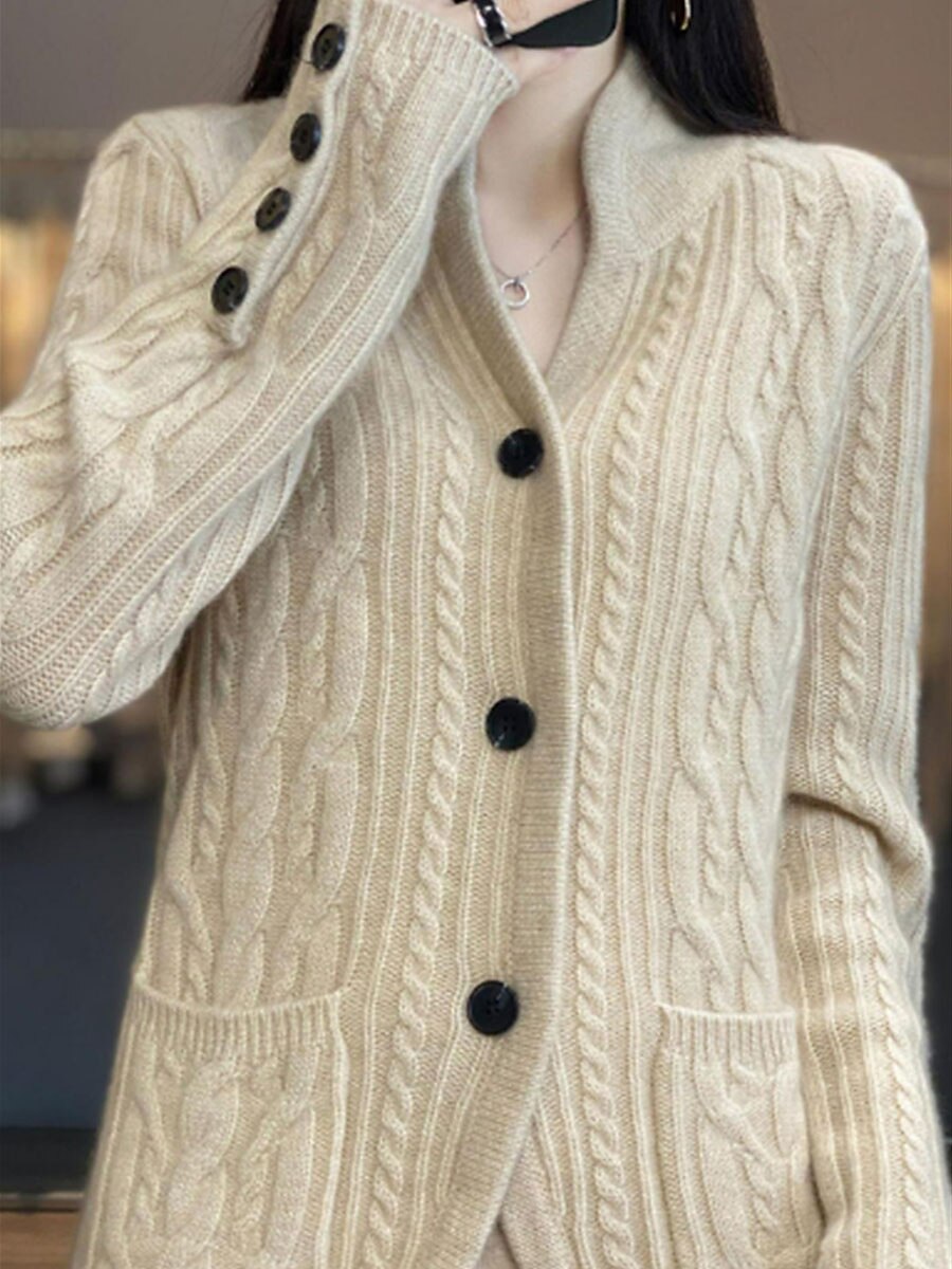 Women's Cardigan Sweater Stand Collar Cable Knit Rayon Button Pocket Fall Winter Outdoor Daily Going out Stylish Casual Soft Long Sleeve Solid Color White Brown Beige S M L 2023 - US $35.99 –P1