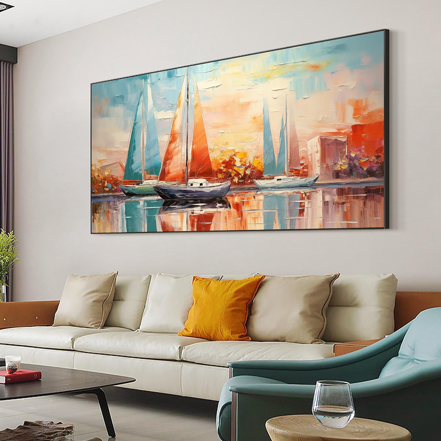 peinture à l'huile faite à la main toile mur art décor original voilier coloré en entier pour la décoration intérieure avec cadre étiré sans peinture de cadre intérieur de 2025 ? $158.99 –P1