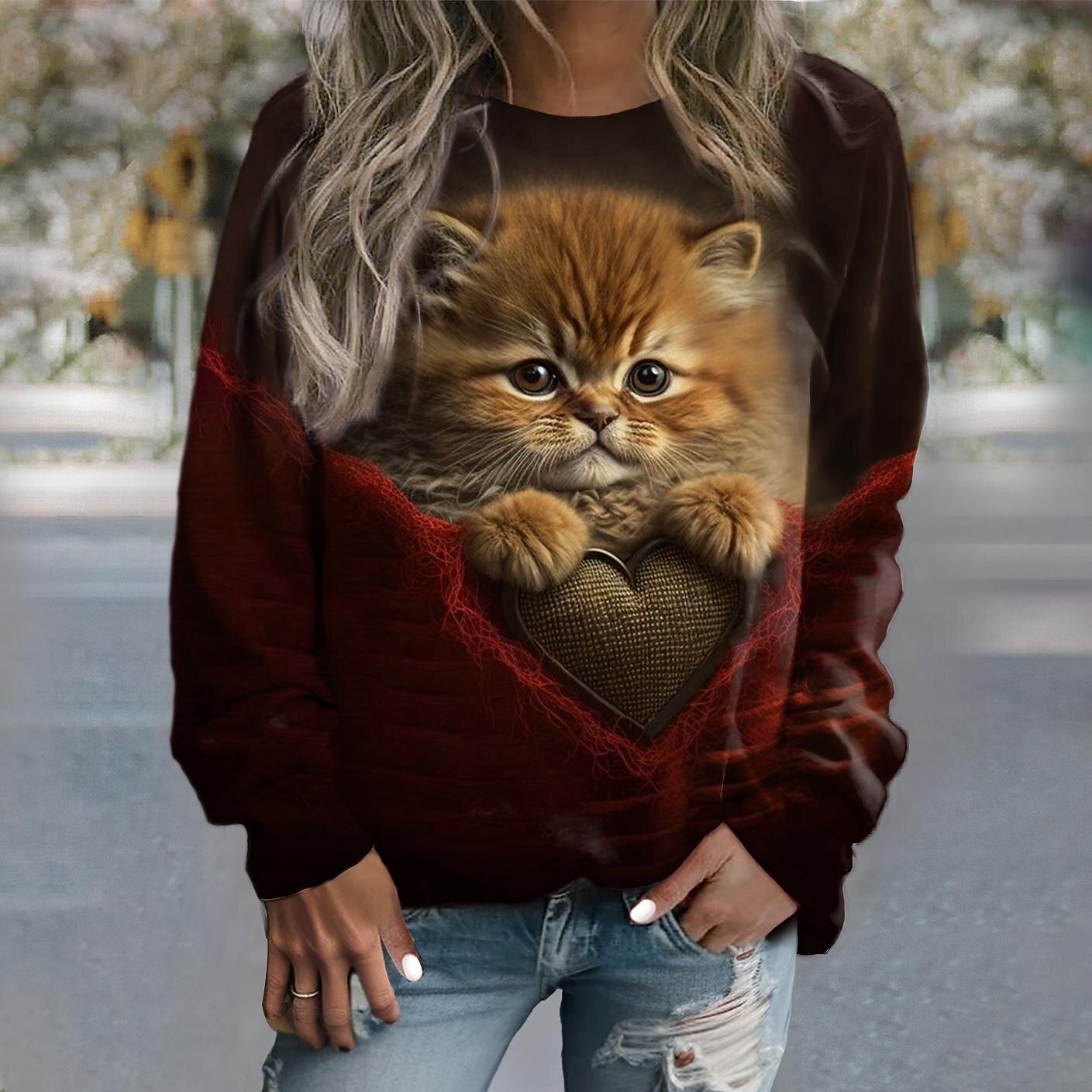 Sudadera de mujer con estampado de gato, informal, deportiva, activa, cuello redondo, manga larga, top microelástico, caída&Tejido suave, transpirable y cómodo para el invierno. 2025 - $27.99 –P5