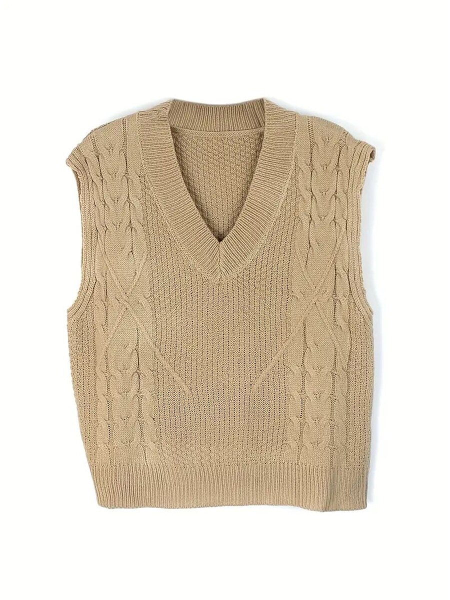Women's Sweater Vest V Neck Cable Knit Acrylic Oversized Fall Winter Regular Daily Going out Weekend Stylish Casual Soft Sleeveless Solid Color Black Yellow Beige S M L 2023 - US $26.99 –P7