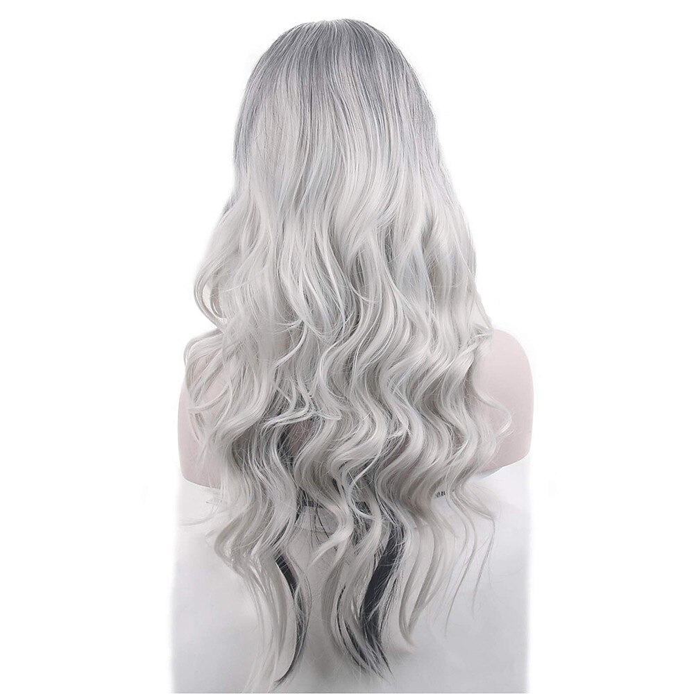 parrucche costume grigio argento per le donne halloween ricci ondulati lunghi moda cosplay ombre nero mix parrucche di capelli grigi del 2025 a $22.99 –P4