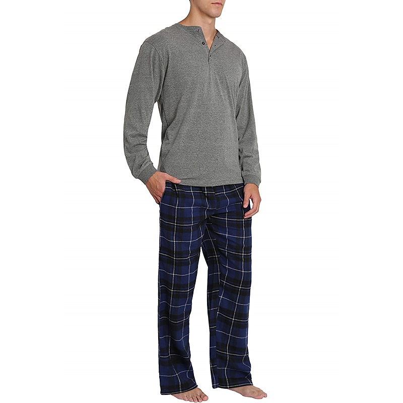 Per uomo loungewear Pigiami Set pigiama Top e pantalone del pigiama 2 pezzi A quadri Moda Informale Comoda Interni Giornaliero Misto cotone Comfort Henley Manica lunga maglietta Pantalone A del 2025 a $34.99 –P11
