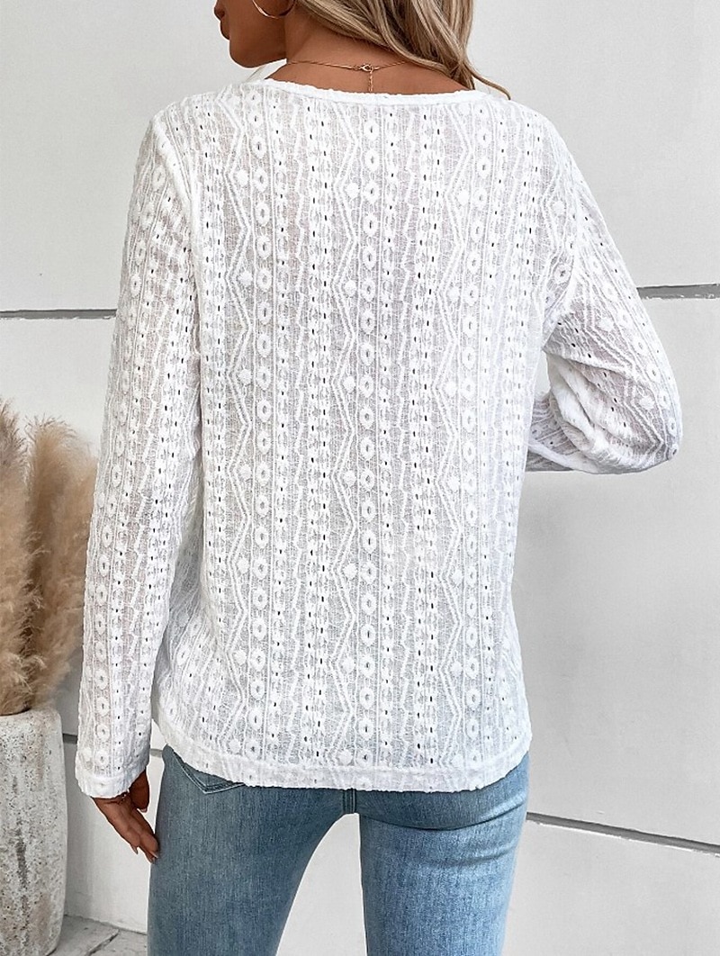 Women's Shirt Lace Shirt Blouse Eyelet top Color Block Plain Fashion Long Sleeve Round Neck Regular Tops Work Buttons Black White Purple Brown Beige Spring & Fall 2025 - $27.99 –P19