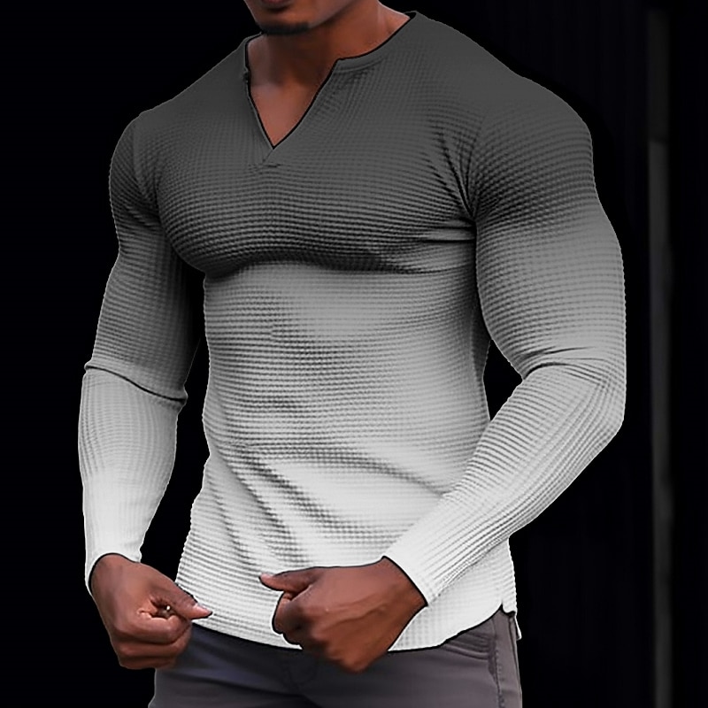 2025年 男性用 Tシャツ ヘンリーシャツ ワッフルニットTシャツ ティートップ 長袖 Ｖネック 春 & 秋 勾配 ファッション デザイナー ベーシック バケーション ストリート お出かけ ブラック ブルー オレンジ メンズトップTシャツ  コレクション – $17.49 –P4