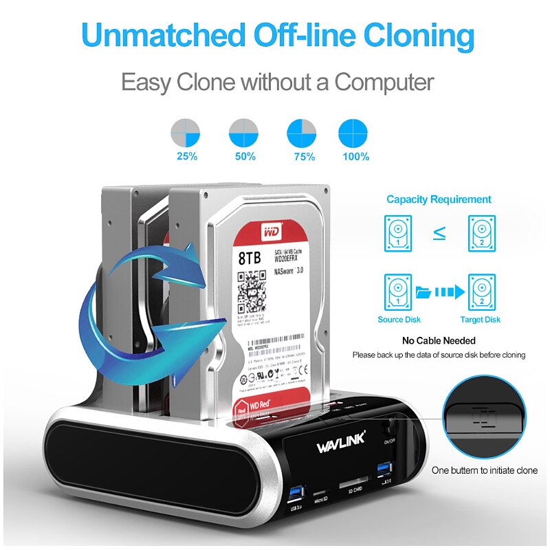 Док-станция для внешнего жесткого диска USB 3.0 и SATA с двумя отсеками для 2.5 & 3.5 sata i/ii/iii hdd/ssd с автономным клоном и концентратором быстрой зарядки, кард-ридер поддерживает uasp & до 2 х 2025 - $118.99 –P1