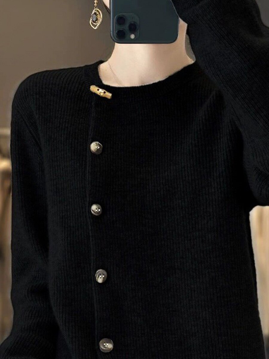 Women's Cardigan Sweater Crew Neck Ribbed Knit Polyester Patchwork Button Fall Winter Regular Daily Going out Weekend Stylish Casual Soft Long Sleeve Solid Color Black Beige Gray S M L 2023 - US $31.99 –P2