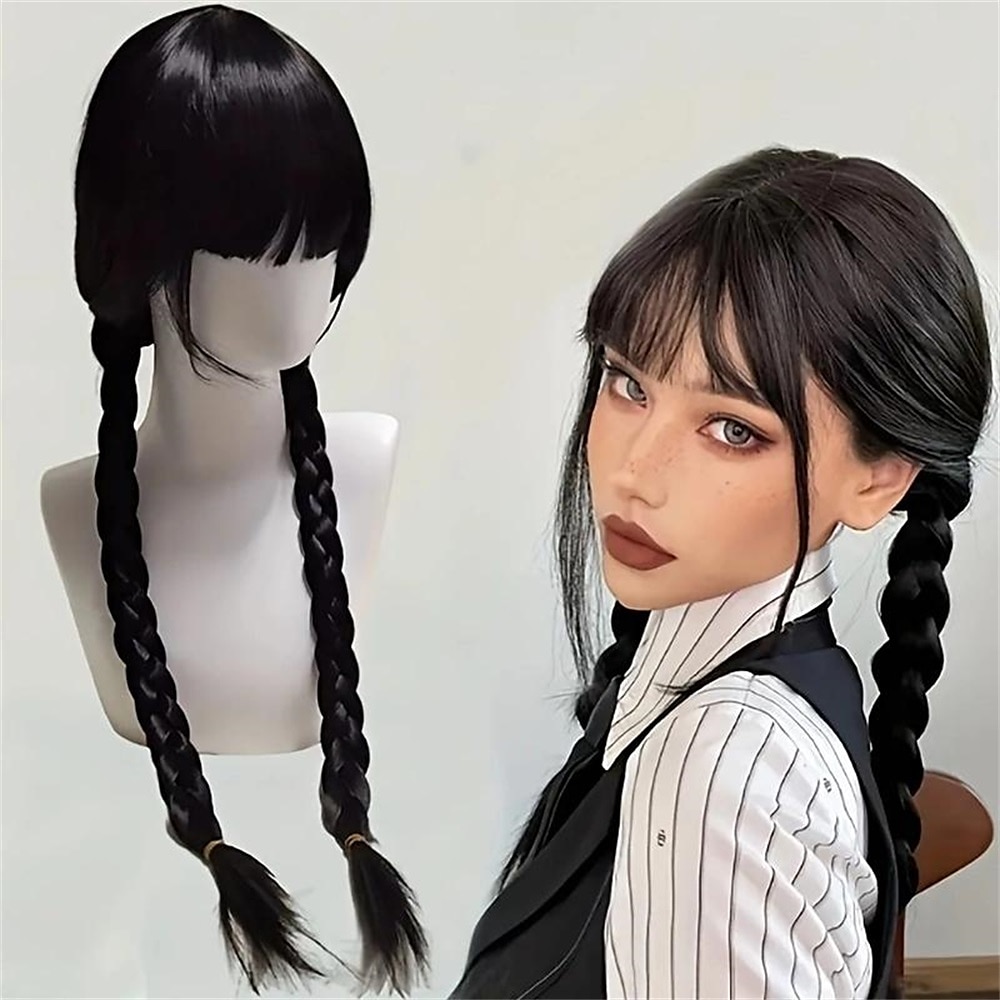 perruque synthétique mercredi droite avec 2 queues de cheval perruque fabriquée à la machine cheveux synthétiques longs noirs femmes doux naturel fête noir perruques d'Halloween de 2025 ? $22.99 –P1
