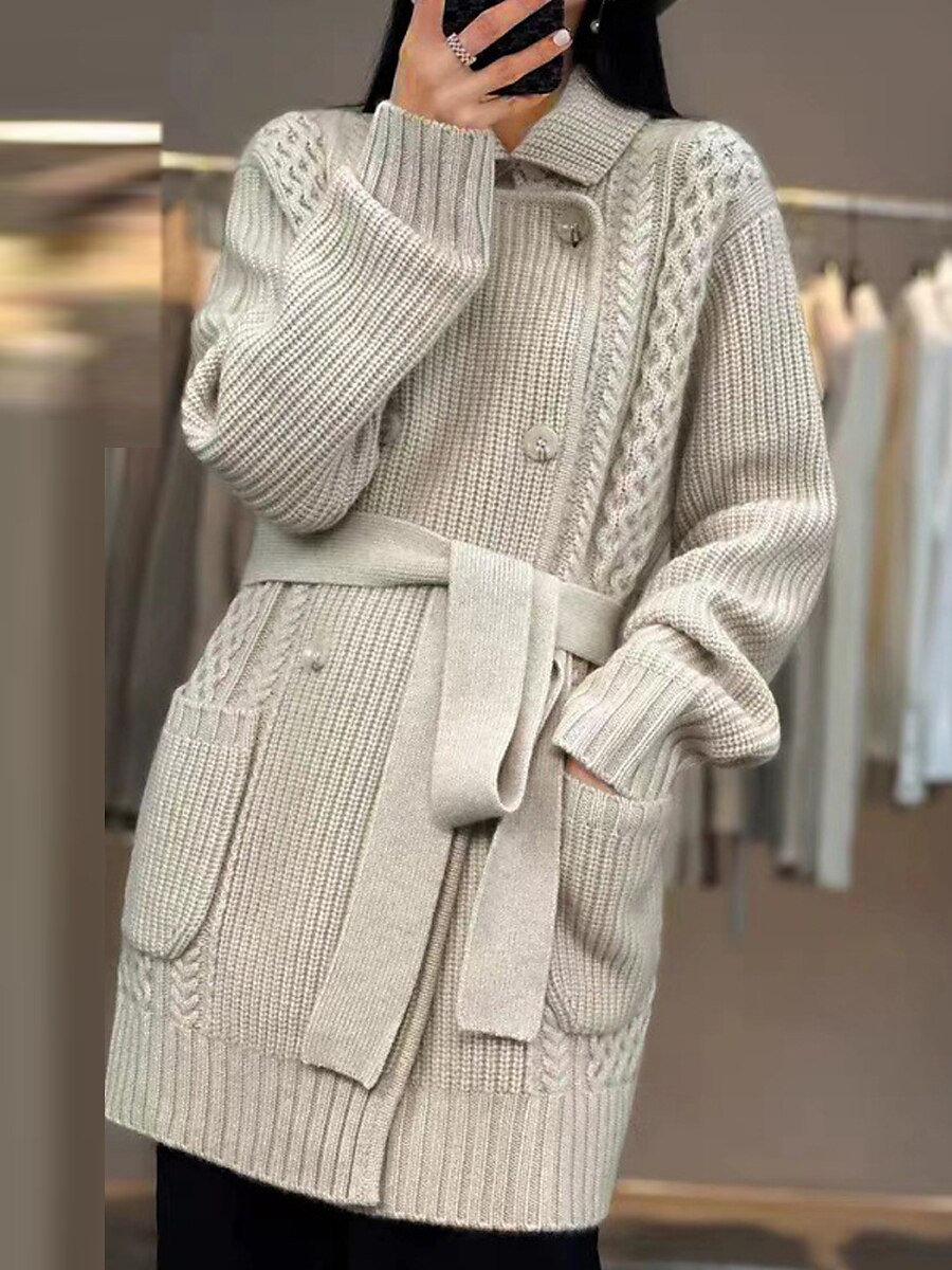 Women's Cardigan Sweater Shirt Collar Ribbed Cable Knit Polyester Lace up Patchwork Button Fall Winter Long Daily Going out Weekend Stylish Casual Soft Long Sleeve Solid Color Camel S M L 2023 - US $35.99 –P1