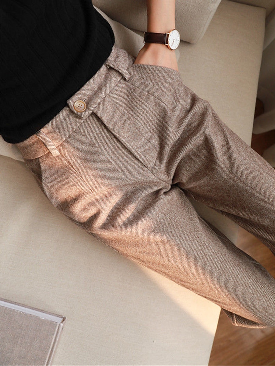 dames geklede broek visgraat broek fleece flanel cropped broek enkellange mode streetwear kantoor werk zwart askleurig s m herfst winter 2025 - $32.99 –P5
