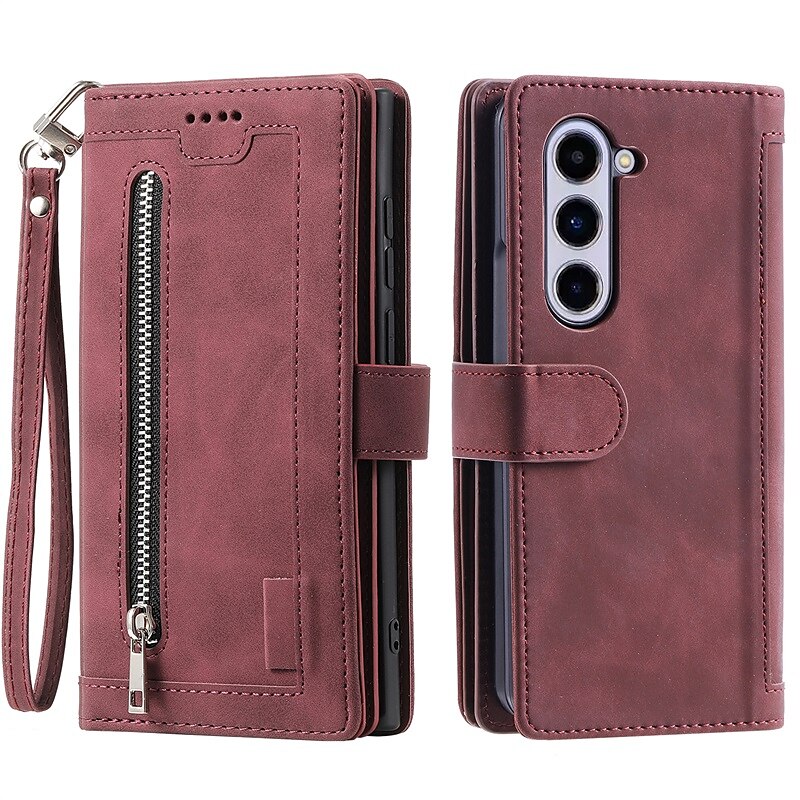 Funda para teléfono para Samsung Galaxy Z Fold 5 Z Fold 4 Z Fold 3 Funda de billetera con cremallera protección completa con correa para muñeca color liso de cuero PU 2025 - $21.99 –P10