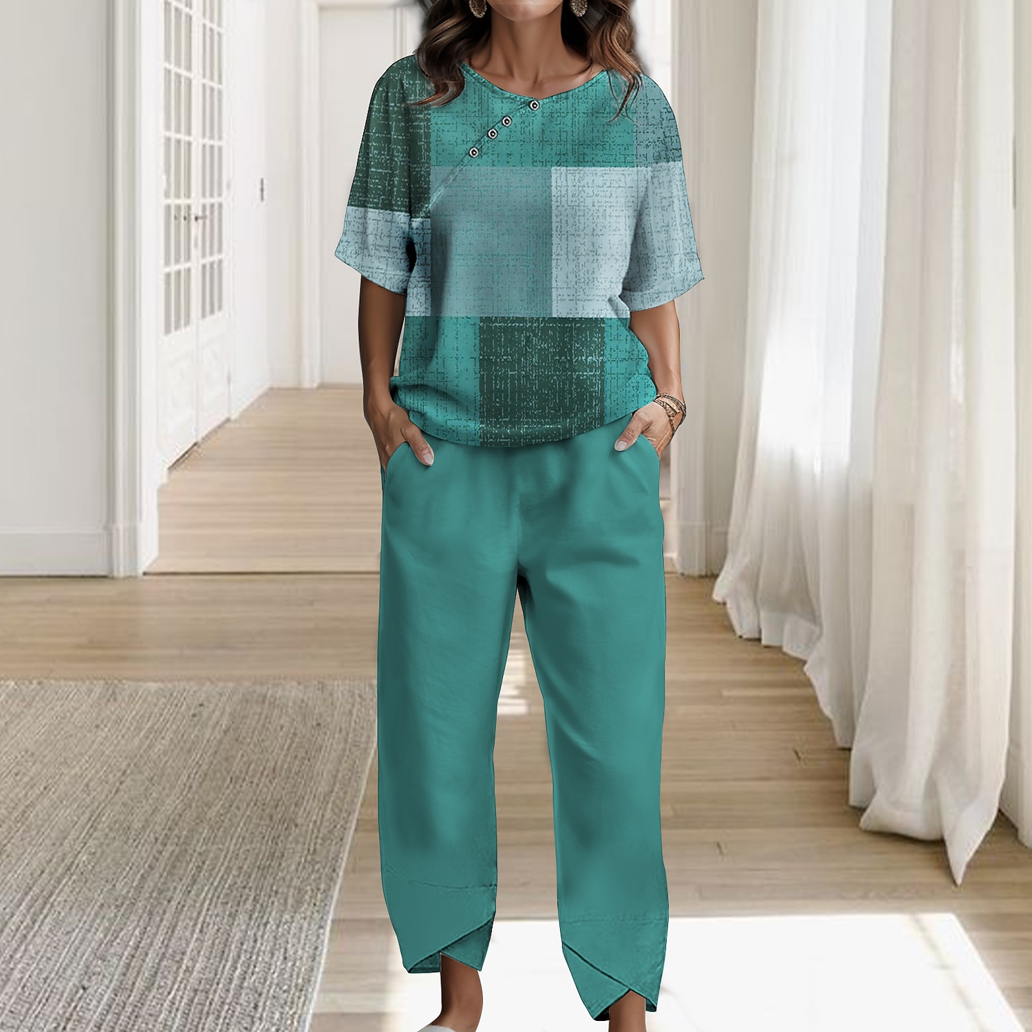 Ensemble Femme 2 Pièces Chemise Basic Pantalons Pantalons Manches Courtes Col Rond Imprimé à Carreaux Décontracté Quotidien Bleu Brun Vert Printemps Automne Ajustement Régulier de 2025 ? $44.99 –P3