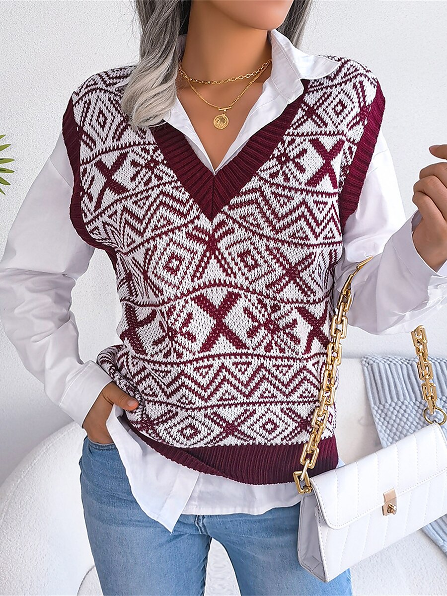 Women's Xmas Sweater Vest V Neck Ribbed Knit Acrylic Button Fall Winter Regular Outdoor Christmas Daily Stylish Casual Soft Sleeveless Snowflake Wine Blue Khaki S M L 2023 - US $27.99 –P5