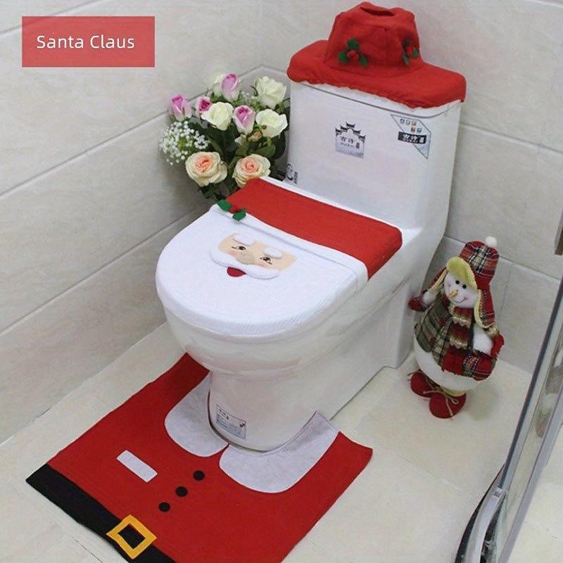 3 pièces/ensemble de décoration de salle de bain sur le thème du Père Noël, comprend une housse de siège de toilette, des tapis, une housse de boîte à eau et une housse de boîte de papier toilette, décoration de Noël. de 2025 ? $15.49 –P1