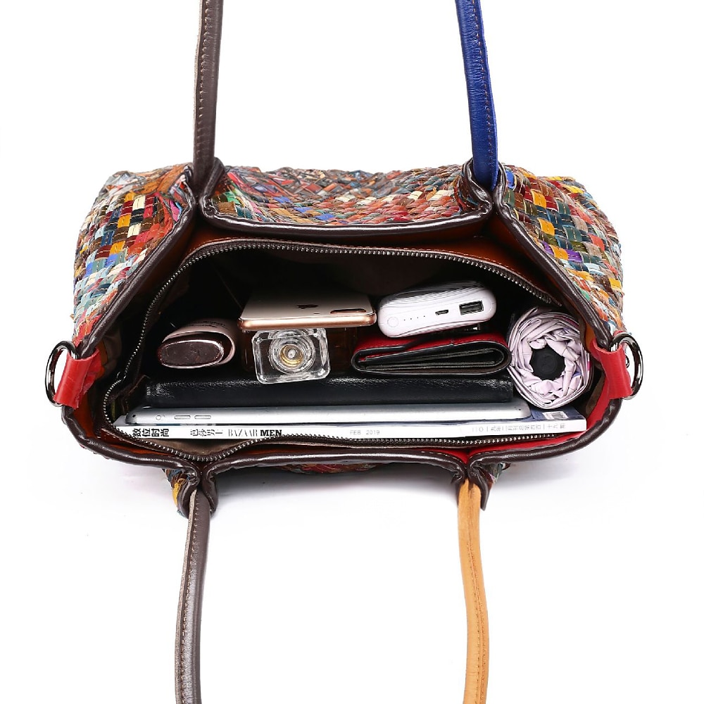 bolsa tote feminina de couro trançado multicolorido com alças duplas e estilo boho patchwork, bolsa de ombro grande para viagens, eventos de arte e uso diário casual de 2026 por $99.99 –P5