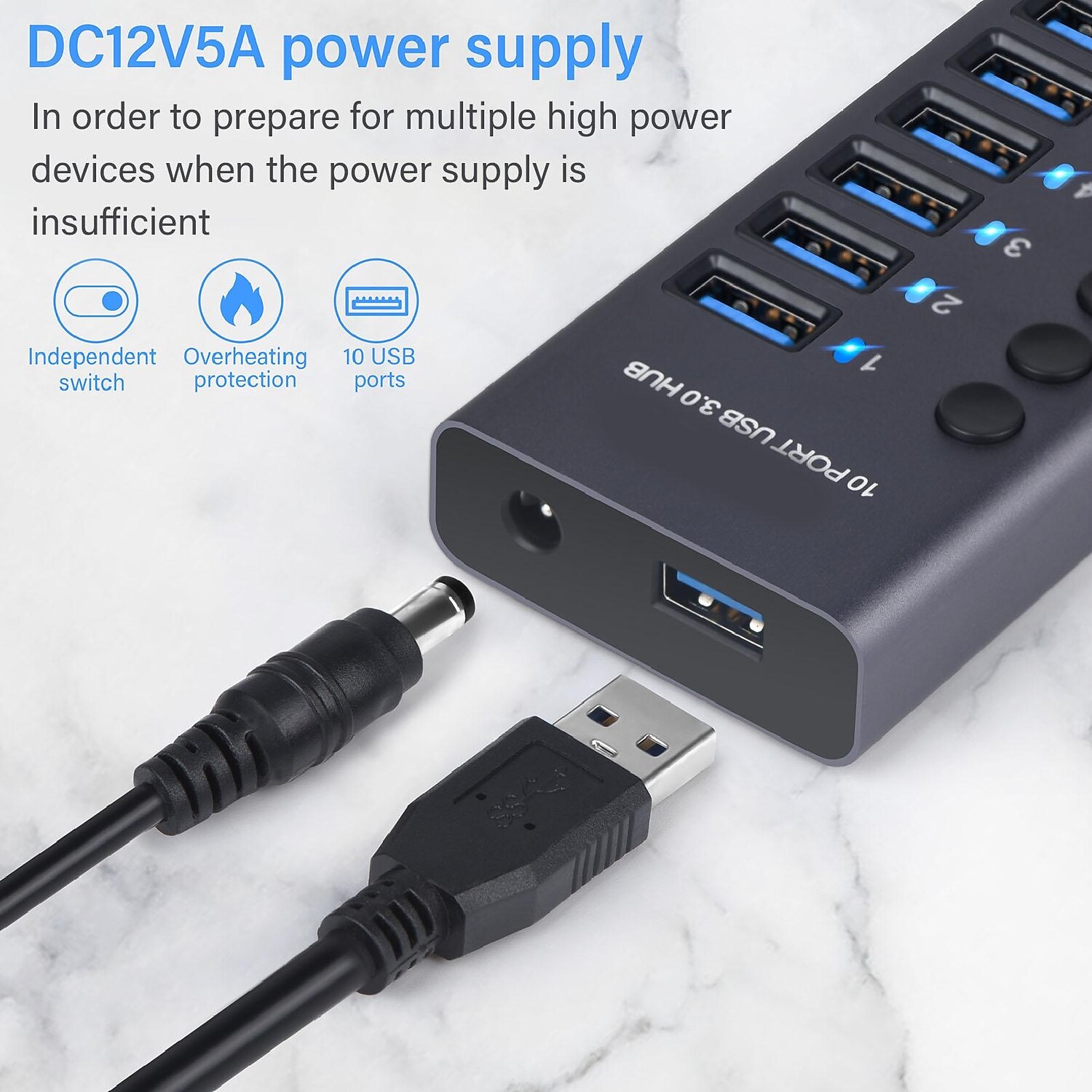 100‑240V 10 Port 60W USB 3.0 Hub with Individual Power Switches LEDs Aluminum Alloy Shell USB 3.0 Docking Station 60W 12V 5A Power Adapter 2025 - $68.99 –P5