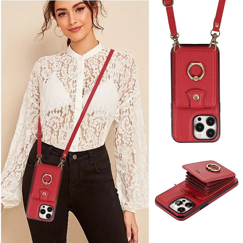 Funda para iPhone 16 iPhone 15 Pro Max 14 Plus 13 12 11 Pro Max funda de billetera con soporte de anillo y cordón ranura para tarjeta retro TPU metal PU cuero 2025 - $22.99 –P2