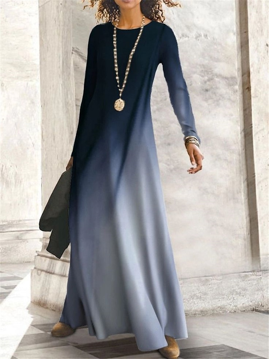 Damen Maxi Kleid Winter Kleid Shift Kleid A-Linien Kleid Mode Modern Reif Outdoor Täglich Date Reguläre Passform Ombre Langarm Rundhalsausschnitt Gelb Blau Lila Khaki Herbst Winter 2025 - $36.99 –P3