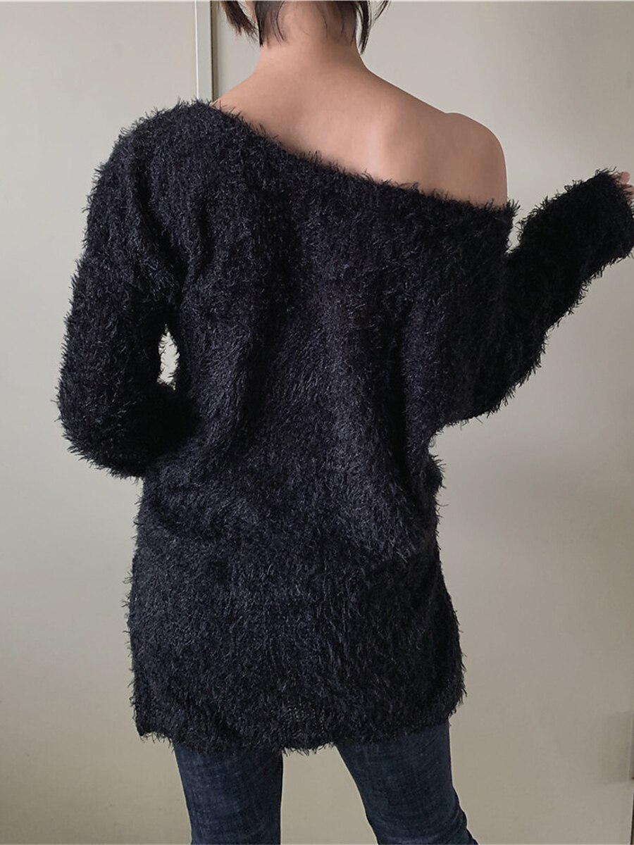 Dame Pullover genser Stilfull Fritid Myk Helfarge Riflet Enskuldret Kald skulder Langermet Kort Strikke Daglig Ut på byen Helg Rosa Navyblå Høst Vinter 2025 - $27.99 –P13