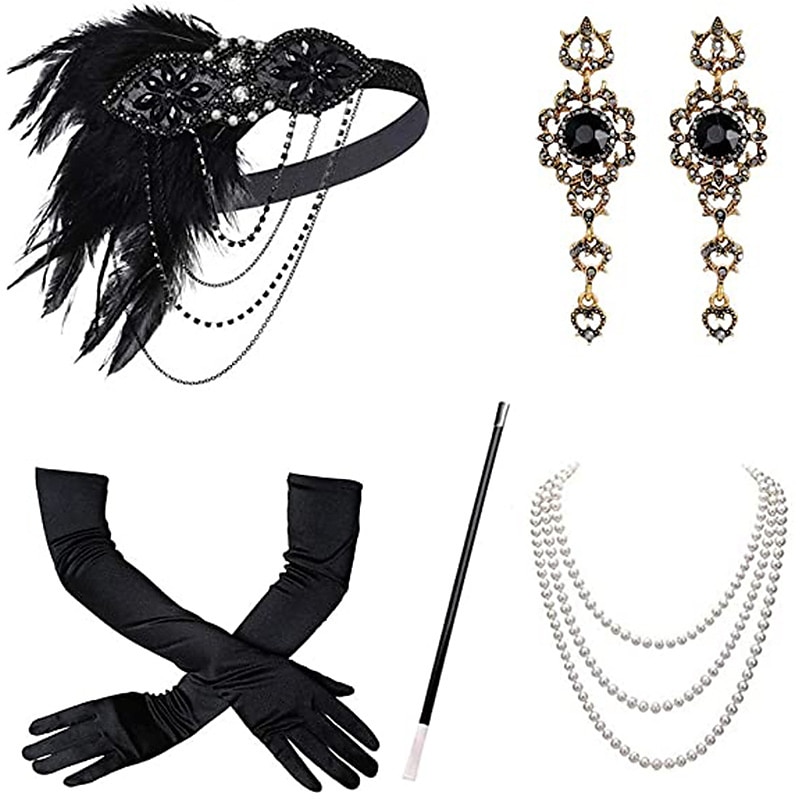 Szüret 1920-as évek A nagy Gatsby Flapper fejpánt Kiegészítő készlet Charleston Esküvői Vendég Toll Női Álarcos mulatság Esküvői fogadás Lánybúcsú Fesztivál Felnőttek Kesztyűk Fejpánt Minden évszak 2025 - $24.54 –P1