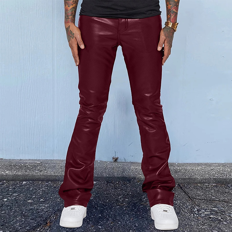 Men's Trousers Faux Leather Pants Casual Pants Pocket Plain Comfort Breathable Outdoor Daily Going out Fashion Casual Black Red 2025 - $32.99 –P6