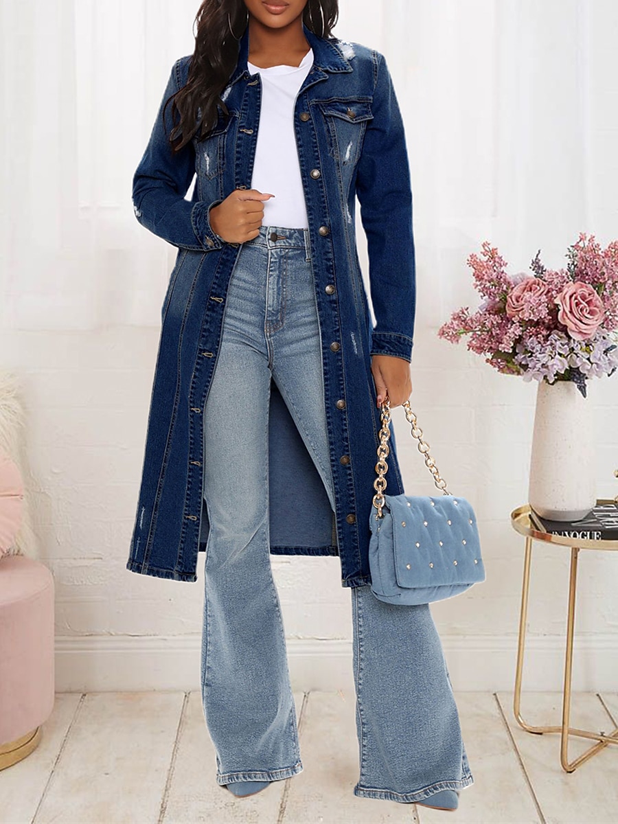 Women's Denim Jacket Jean Jacket Long Trench Coat Windproof with Pockets Vintage Style Casual Daily Street Style Jacket Long Sleeve Solid Color 2024 - $59.99 –P1