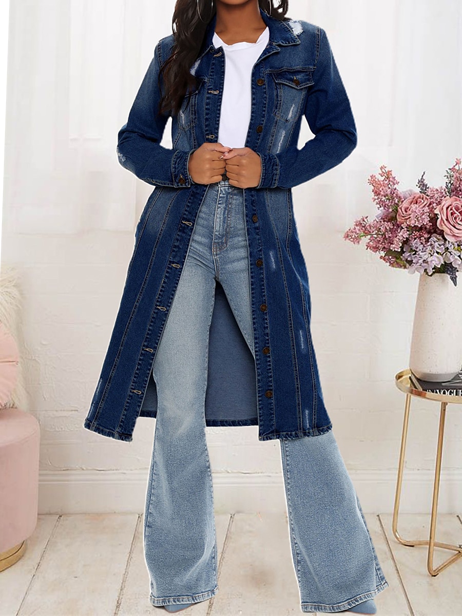 Women's Denim Jacket Jean Jacket Long Trench Coat Windproof with Pockets Vintage Style Casual Daily Street Style Jacket Long Sleeve Solid Color 2024 - $59.99 –P2