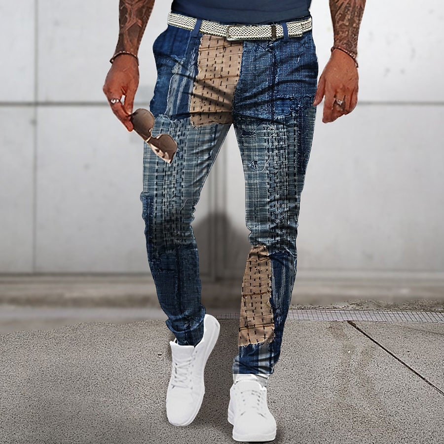 Patchwork Pattern Plaid Geometry Men's Business 3D Printed Dress Pant Trousers Classic Fit Flat Front Pant Navy Blue Mid Waist Outdoor Street Wear S TO 3XL 2025 - $35.99 –P12