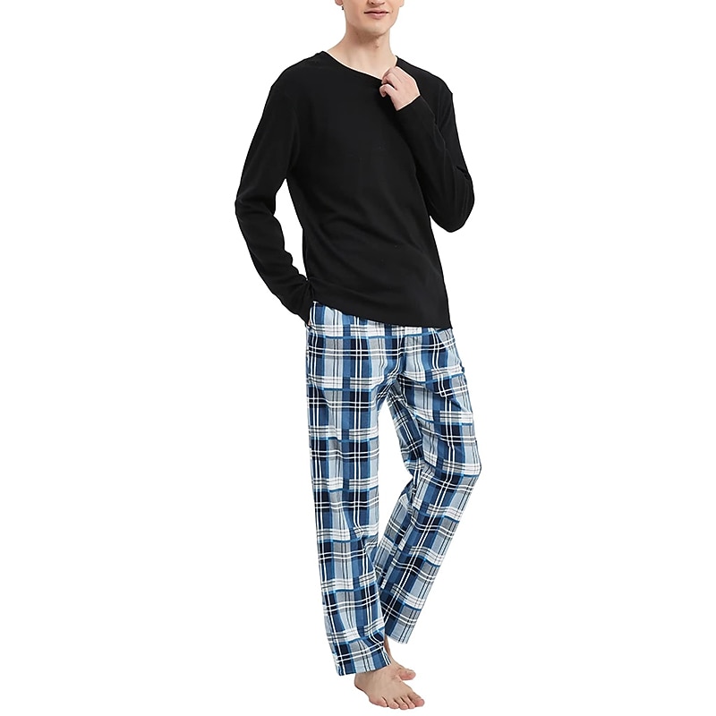 Herr Vardagsklädsel Sovkläder Pyjamas set Pyjamastopp och byxa 2 delar Rutig Stylish Ledigt Komfort Hem Dagligen Bomullsblandning Komfort Rund hals Långärmad T-shirt Byxa Snörning Elastisk midja 2025 - $33.99 –P7