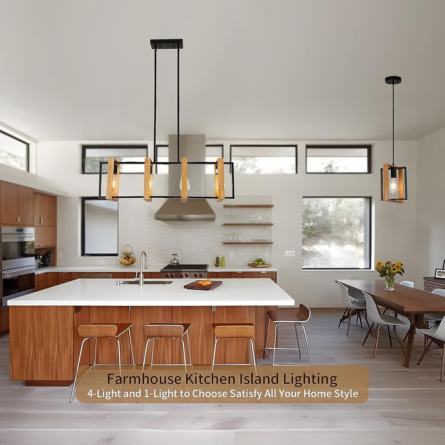 Kitchen Island Lighting, 4 - Light Dining Room Farmhouse Pendant Light, Black Modern Pendant Light, Pool Table Lamp, Wood and Matte Black Metal Finish (4 Heads, Wood) 110-240V 2025 - $249.39 –P7