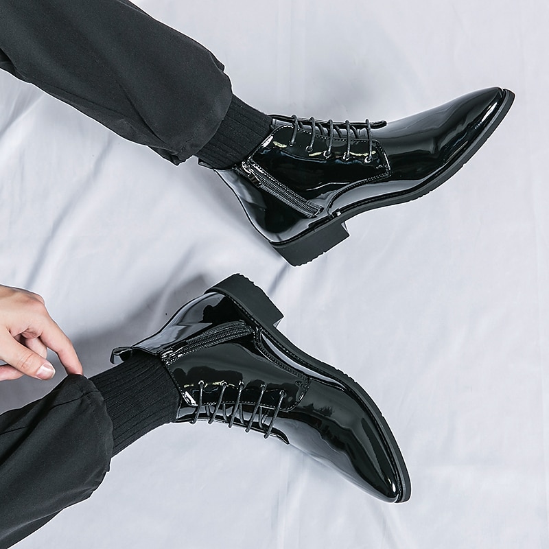 Botas de vestir de charol negro para hombre: elegantes botas con cordones, para uso formal e informal, perfectas para eventos y trabajo. 2025 - $59.99 –P6